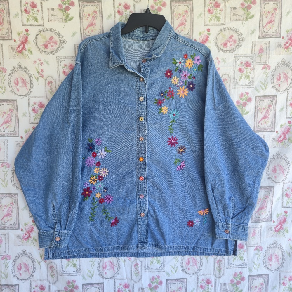 Vtg Silver Threads Floral Embroidered Denim Shirt Boho Cottagecore Button Up 2XL